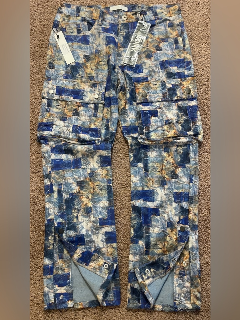 KDNK Men's Blue Patterned Cargo Jeans Size 38